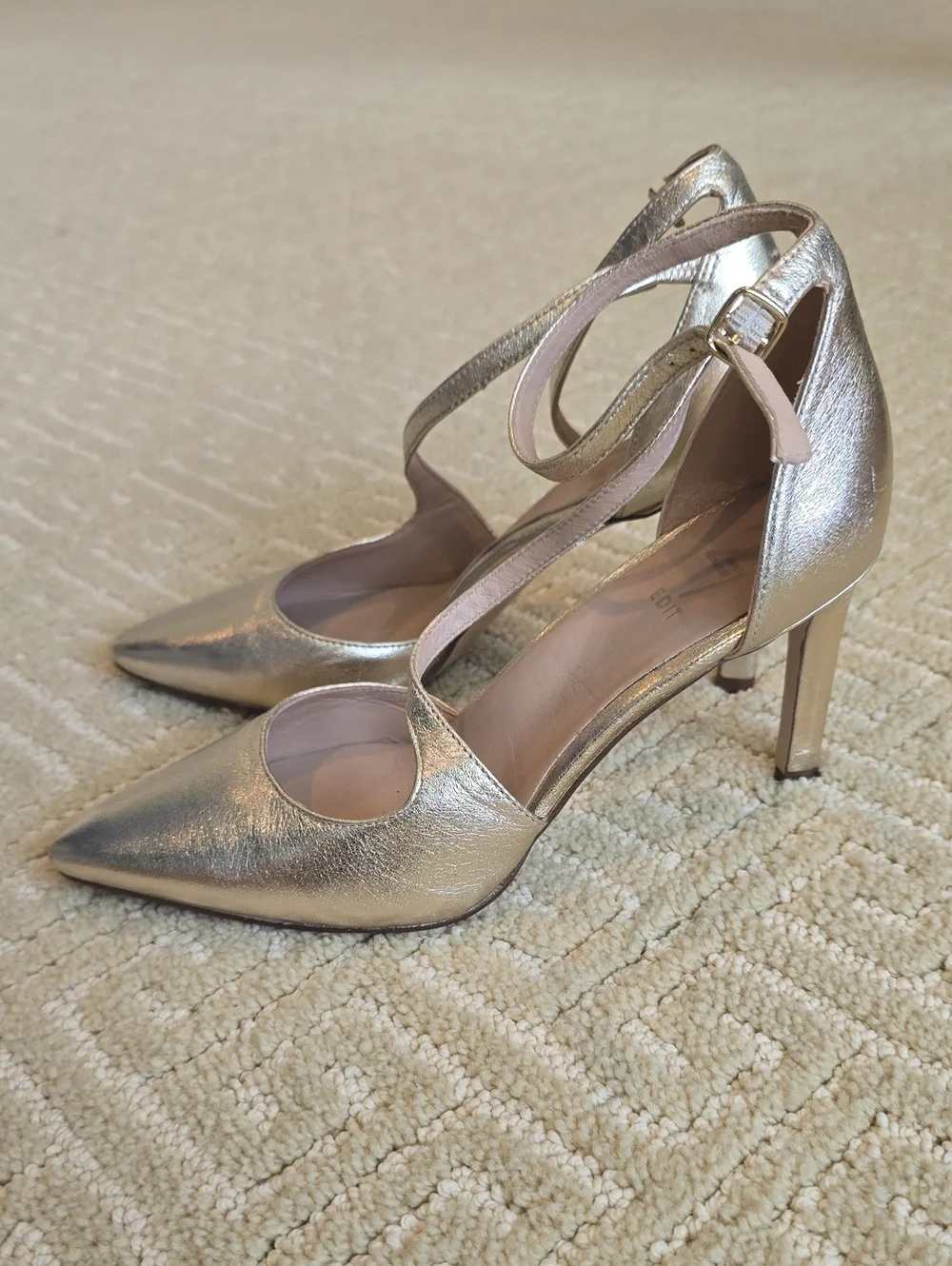 27 Edit Metallic Gold Pointed-Toe Crisscross Ankle-Strap Heels, Size 7